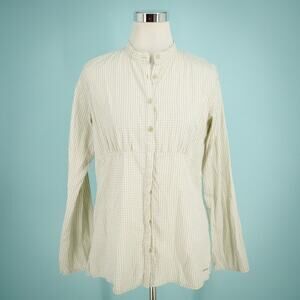 Patagonia Size 10 Tan White Gingham Plaid Print Collarless Button Front Down Lon